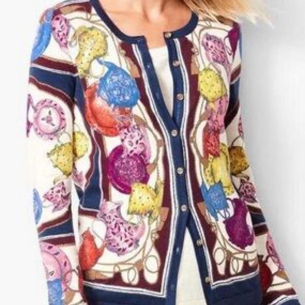 Talbots Large (Petite) Cardigan Sweater with multicolored teapot illustrations